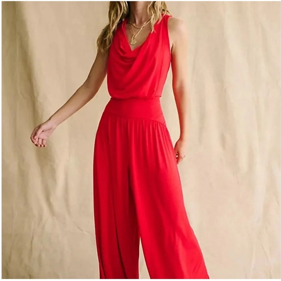 Free People Pants - Free People Free-est Royale One Piece Size S Red Cowl Neck Wide Leg Boho Summer